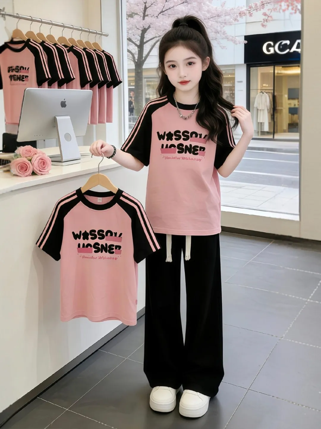 女の子半袖スポーツウェアセット韓国風子供服夏服かわいい通気性のある綿のスーツ子供用