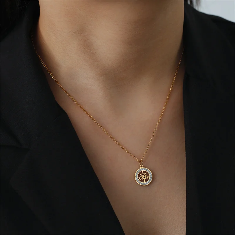 Trendy Edelstahl Strass Baum des Lebens Anhänger Halskette Für Frauen Charme Sommer Schlüsselbein Kette Schmuck Colgantes Cadena – Detail 17