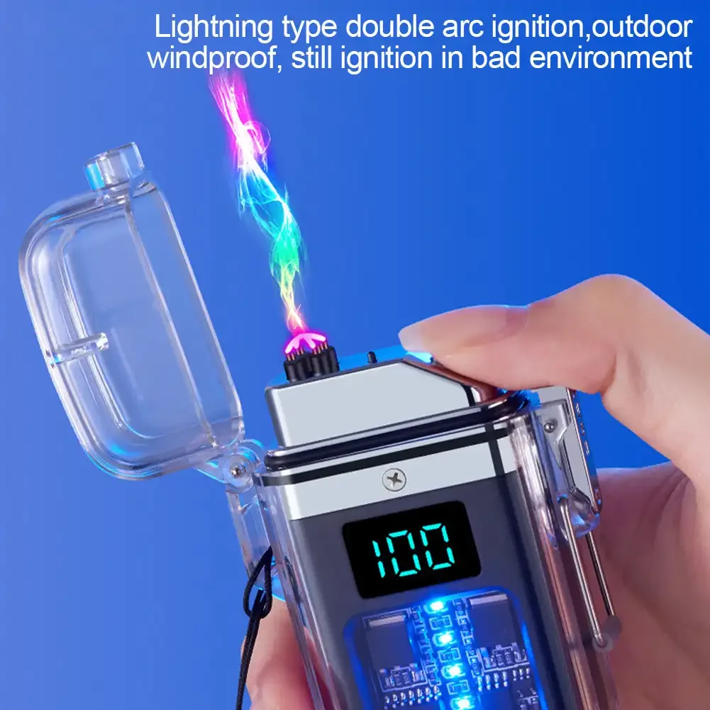 Outdoor Waterproof Windproof USB Rechargeable Dual Arc Plasma Pulse Lighter Flameless LED Display Electric Lighter Men's Gifts
