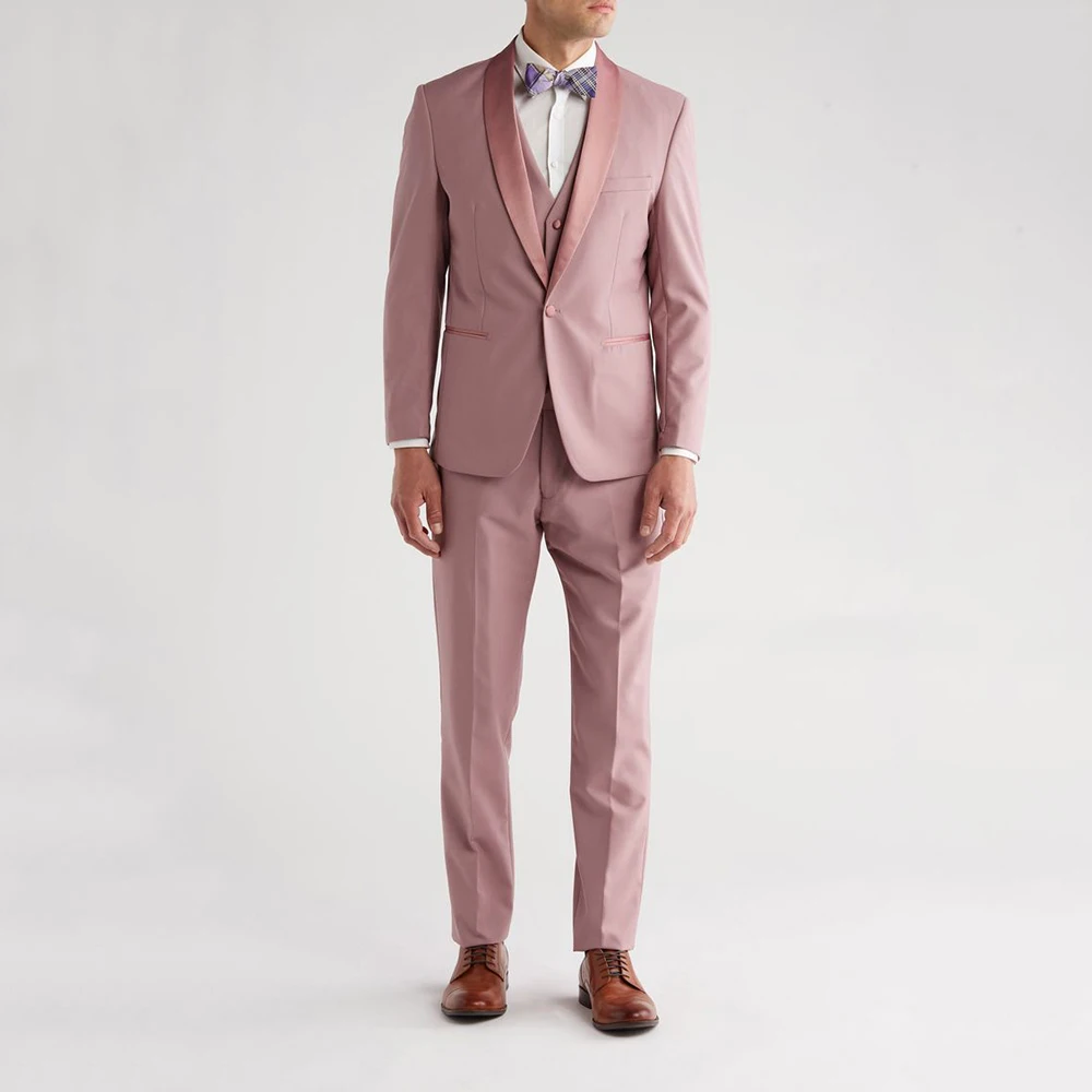 

High-end Pink Suits for Men Shawl Lapel 3 Pieces Jacket Pants Vest Male Clothing Smart Wedding Banquet Business Costume Homme