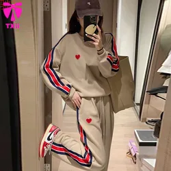 Women's two-piece embroidered long pants set, two-piece sports suit, side striped sports shirt, women's loose sports outfit