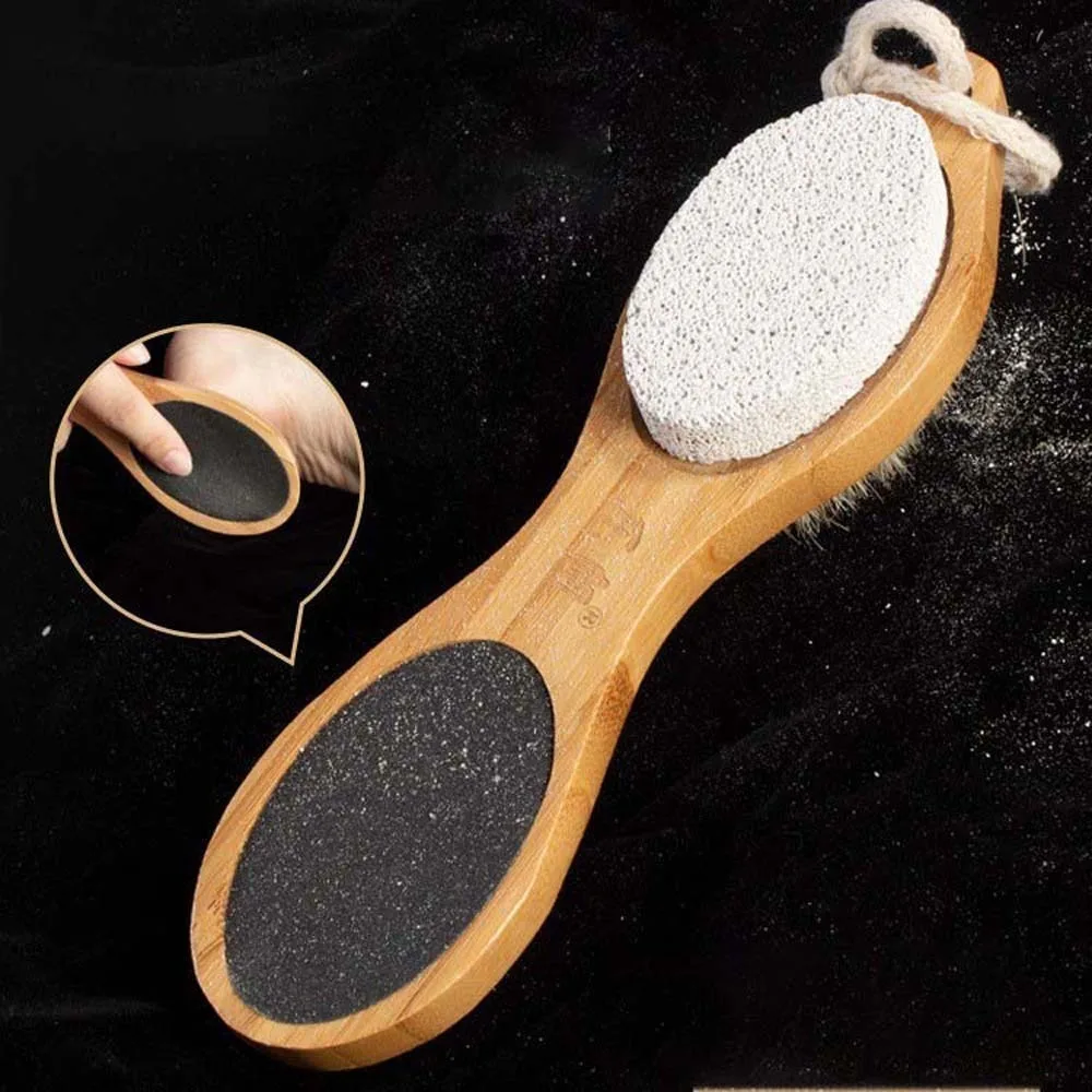 Lima per piedi portatile con manico in legno con foro per appendere Lavapavimenti per sfregamento del piede dal design quattro in uno, facile da pulire, impugnatura comoda