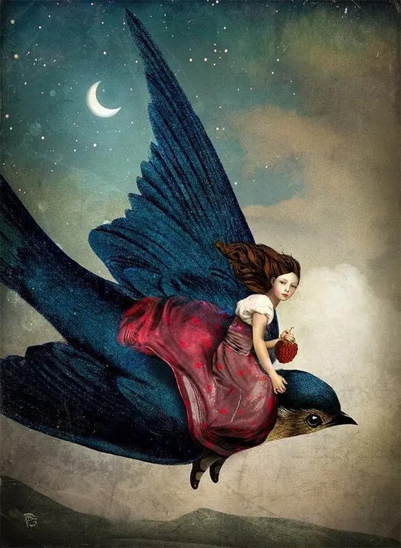 Surrealism Dream Girl Wall Art Canvas Painting with Frame Bird Moon Night Landscape Fantasy Woman Poster Prints Modern Picture