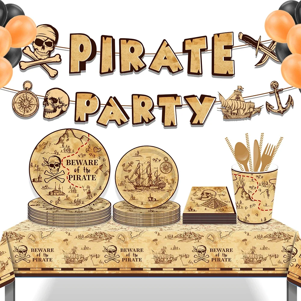 Cartoon Pirate Sea Sailing Travel Birthday Party Disposable Tableware Sets Plates Tablecovers Balloons Baby Shower Party Decors