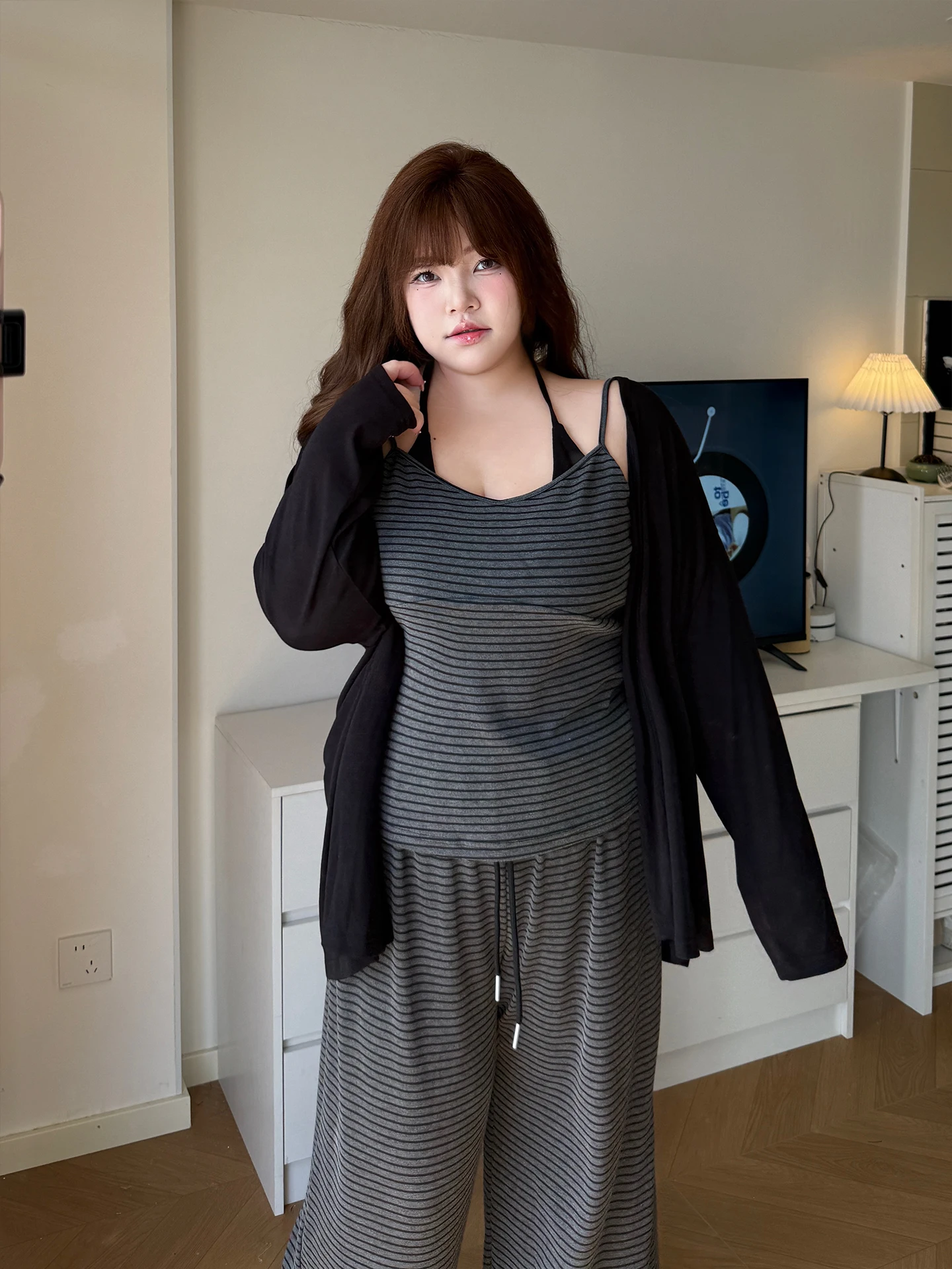 

Black Open Cardigan Striped Tank Top Wide Leg Pants Long Pants Comfortable Lazy Style Three Piece Set Casual High Waist Polye...