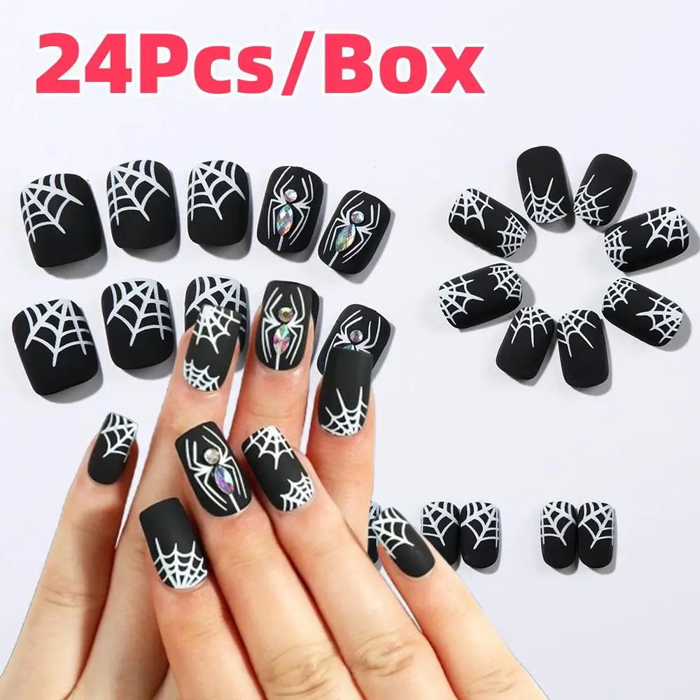 24 pièces noir Halloween presse sur ongles avec diamant toile d'araignée conception faux ongles conseils court carré portable Y2K faux bout des doigts 1