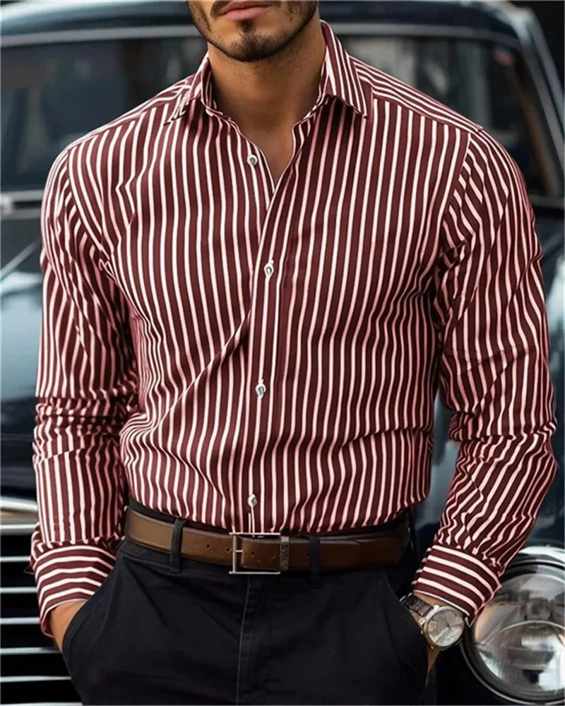 Camisa con botones para hombre, camisa informal de manga larga, color negro, rojo y azul, solapa a rayas, ropa de vacaciones diarias, Tops casuales