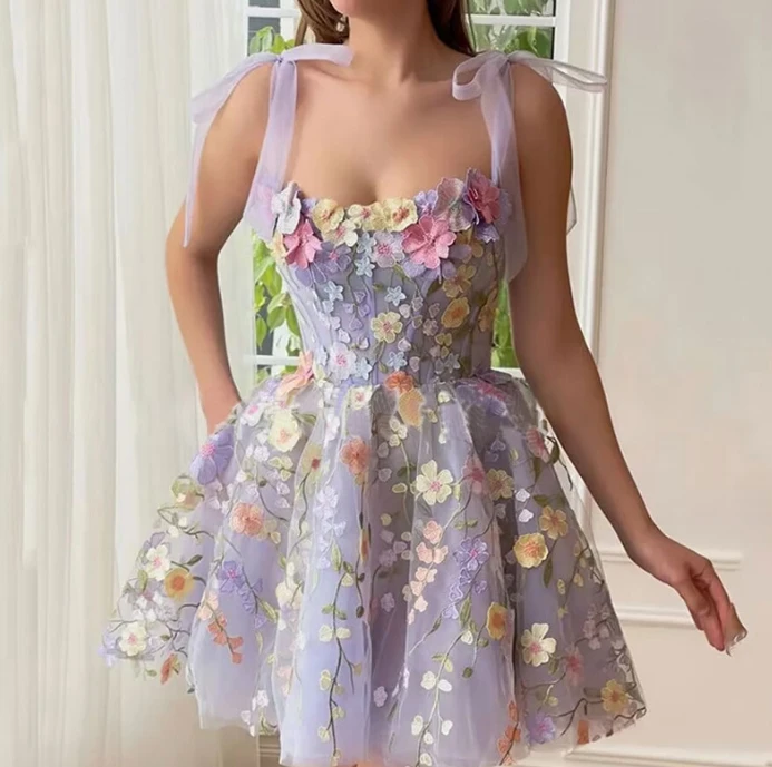 Vestido bordado floral sem mangas feminino, vestido sexy em suspensão, cintura média, casual, simples, verão, nova moda, 3D, 2024