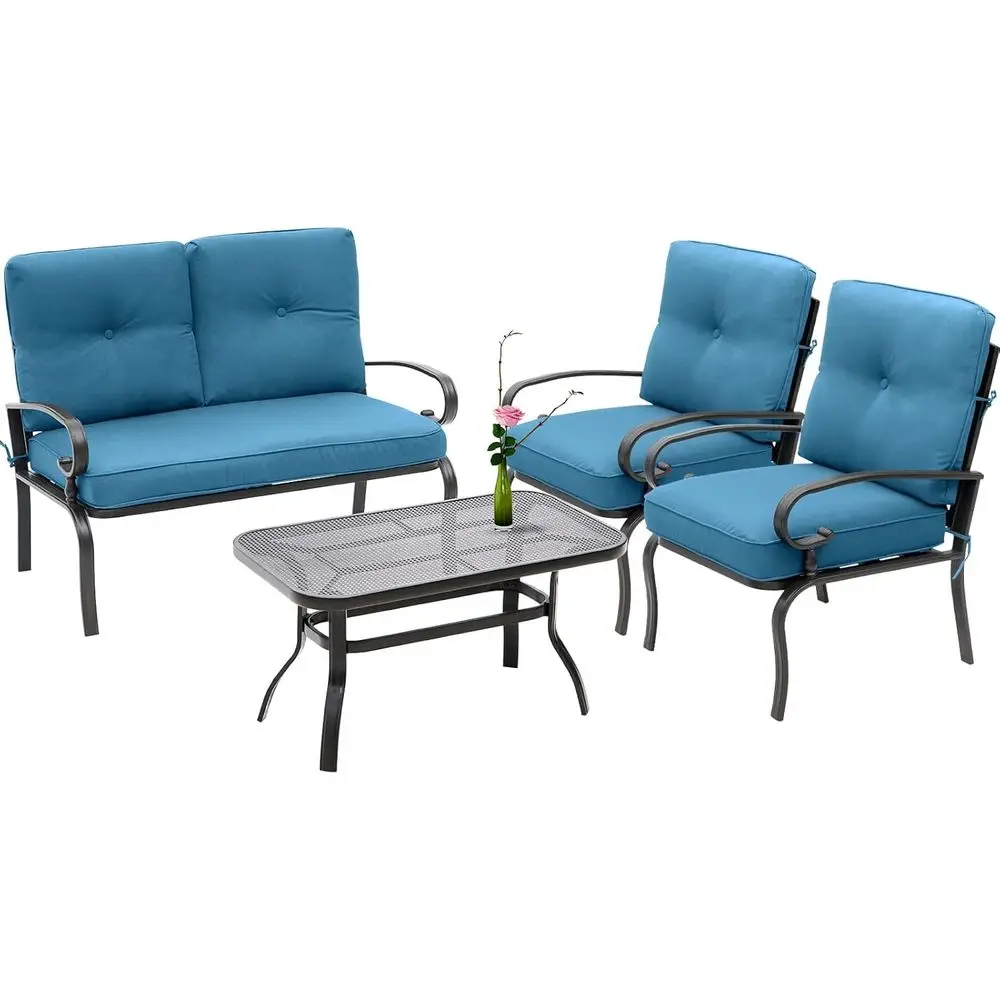 4-Piece Outdoor Wrought Iron Patio Furniture Set with Loveseat, Coffee Table, 2 Chairs - Steel Patio Seating with Peacock Blue C