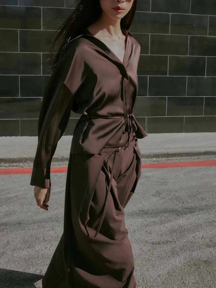 

European and American style winter new arrival fashion simple and versatile women's long-sleeved collared shirt with belt.