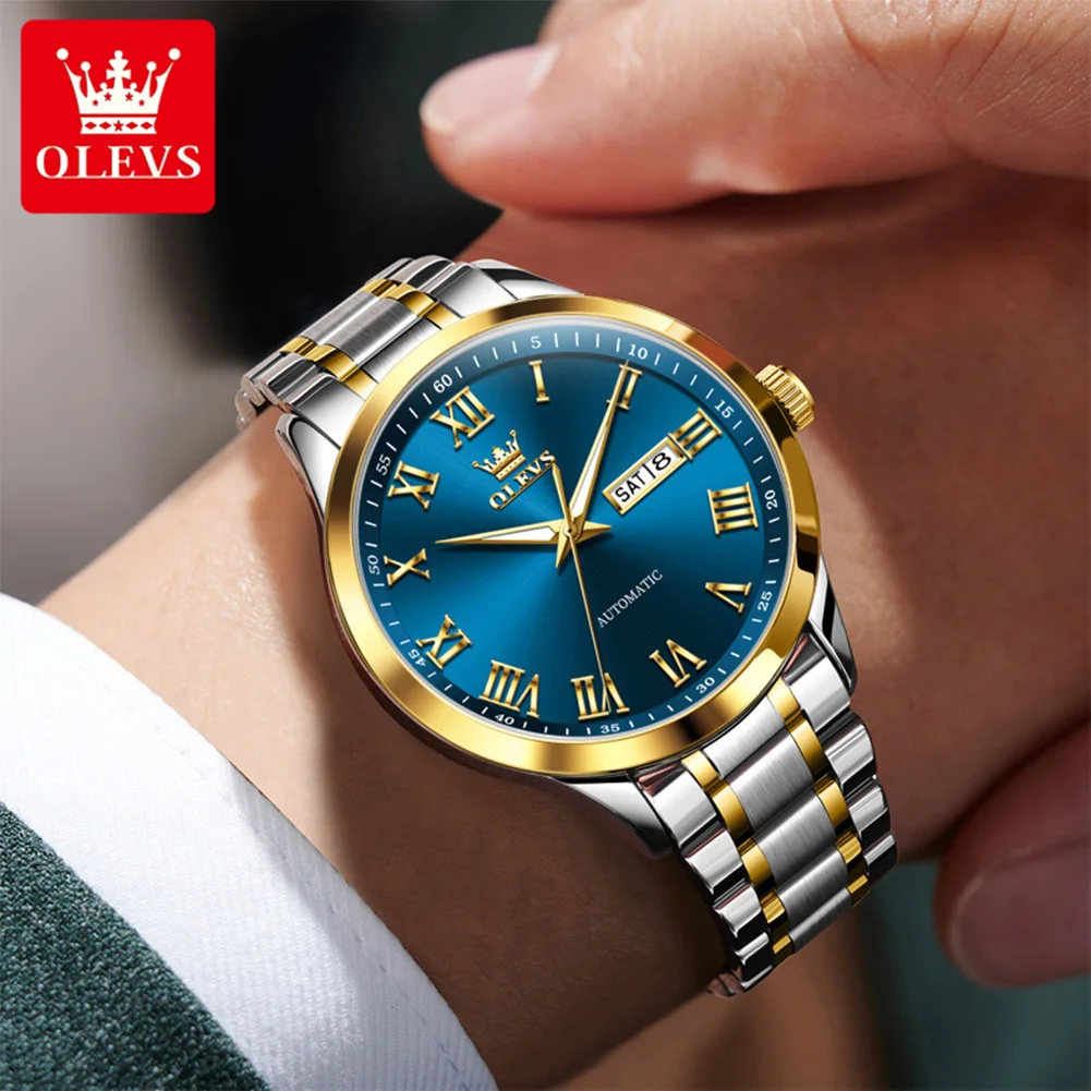 OLEVS Orologio automatico da uomo Moda classica scala romana Orologio da uomo in acciaio inossidabile Orologio da uomo meccanico da lavoro di lusso 7075