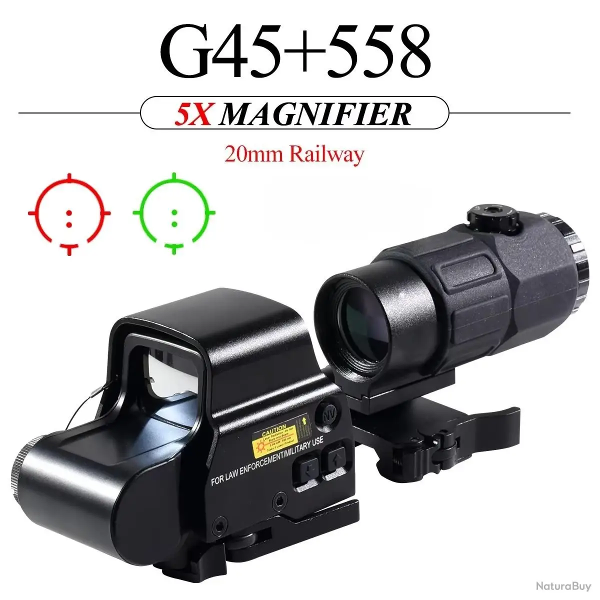 Visor híbrido 558 G45, lupa óptica de colimato holográfica de punto rojo verde G45 5X | Soportes de riel de 20 mm y palanca QD sin batería