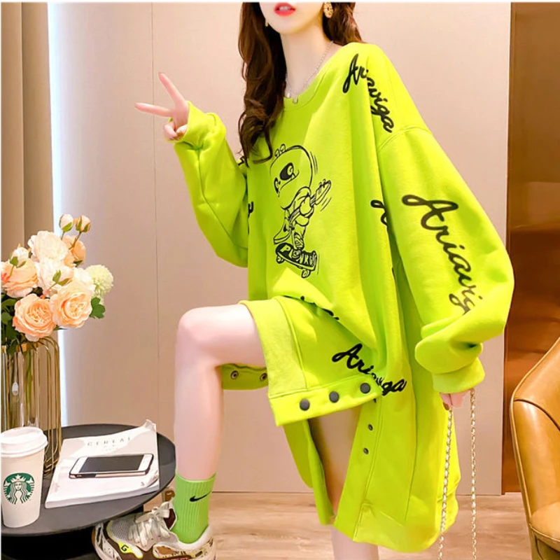 Hikigawa 2023 Autumn Vintage Cartoon Print Tops Women Loose Casual Long Sleeve O Neck Hoodies Streetwear All Match Sweatshirts