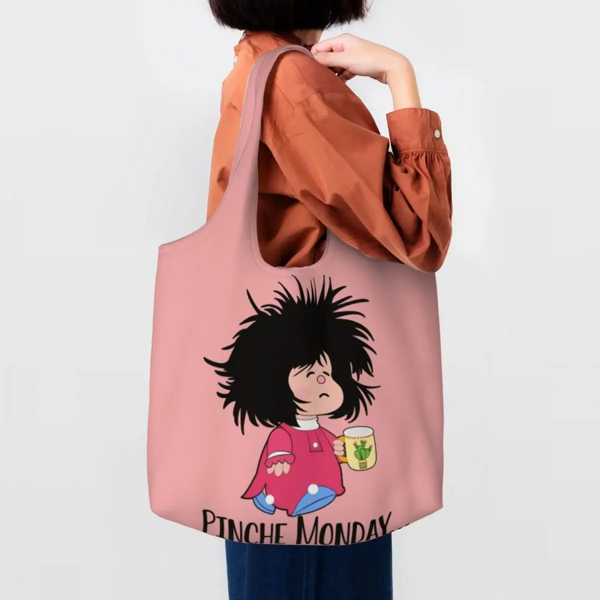 Custom Pinche Monday Mafalda Grocery Shopping Tote Bags Women Quino Argentina Comic Canvas Shoulder Shopper Bags Big Capacity