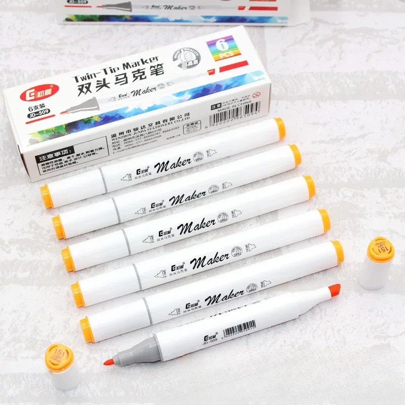 6-pack Monochrome Double Headed Marker Pens for Student Painting Graffiti DIY Creation Anime Design Oily Colored Marker Pens