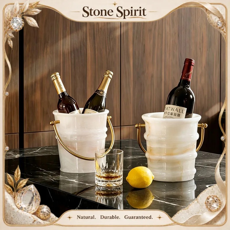 White Onyx Natural Marble Ice Bucket with Metal Handle Luxury Wine Champagne Cooler Bucket Wine Chiller for Bar Party Home Decor