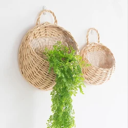 Wall Mount Rattan Basket, vaso de vime artesanal, vaso de tecido pendurado, cachepot para jardim, varanda, decoração de casa