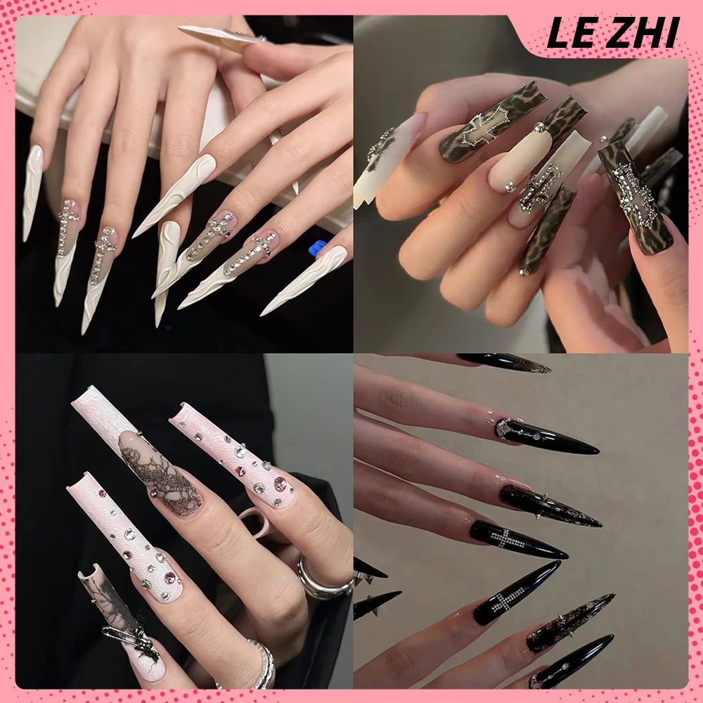 

Y2K Spice Girl Long Coffin Long Tip Handmade Wearable French Press On Nails Metal Rivet Chain Diamond Leopard Pattern Fake Nails