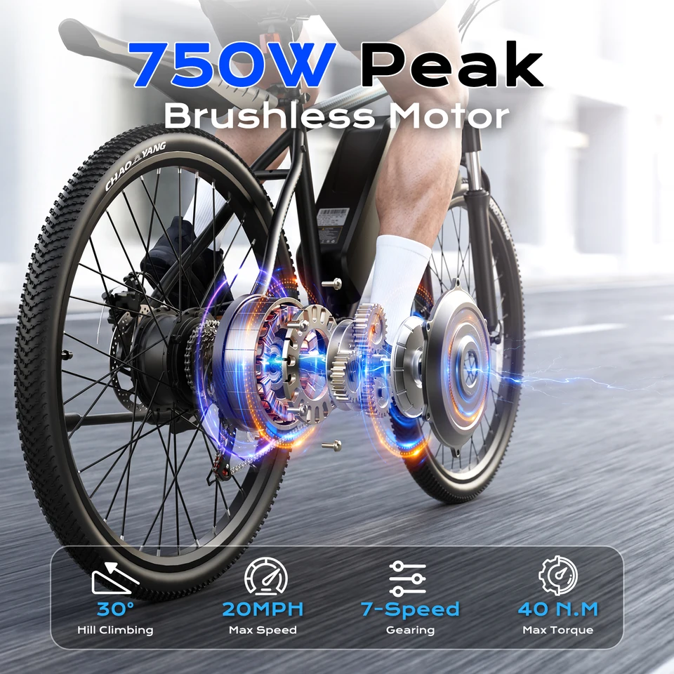VIPDRIVE Defier 1.1 Adult Electric Bike, 750W Peak Motor, Electric Road Bicycle, 48V 7.8Ah Fatbike, 26", 20MPH Mountain Ebike image 6