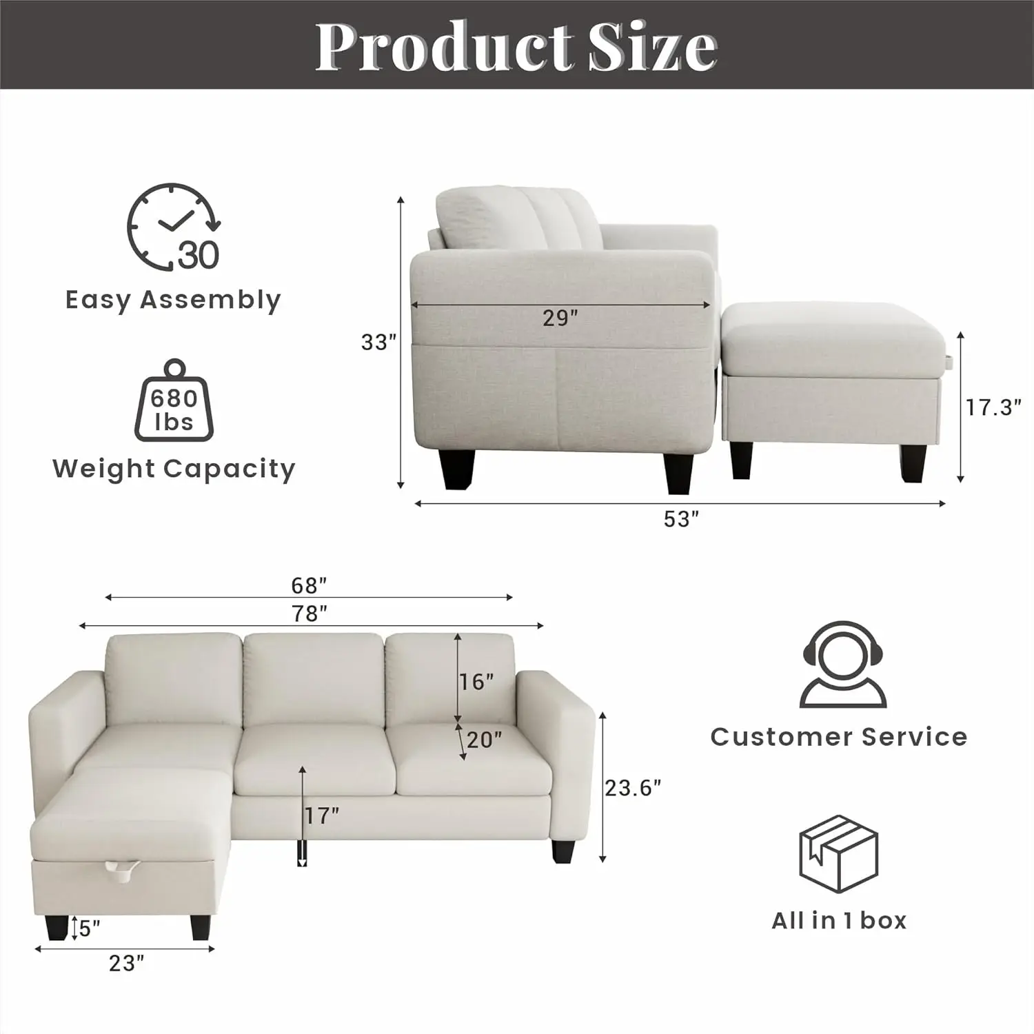 Sectional Sofa L Shaped Cloud Couch-Small Modular 3 Seat-Comfy Linen with Storage Deep Seat Sofa,Washable Covers-Suitable for Li