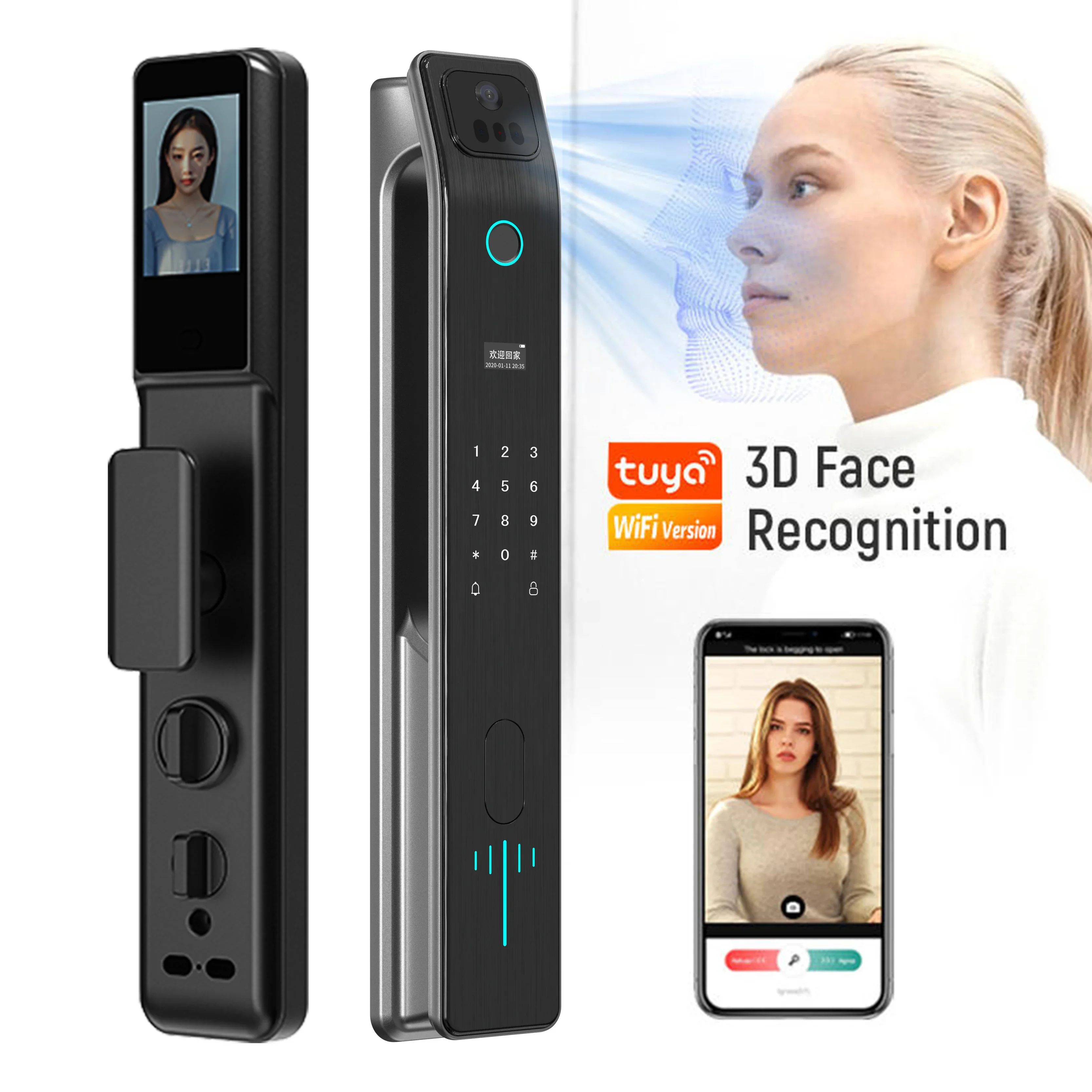 3D Face Recognition Smart Control Door Lock Digital Fingerprint Password Smart Door Lock with Built-in Camera