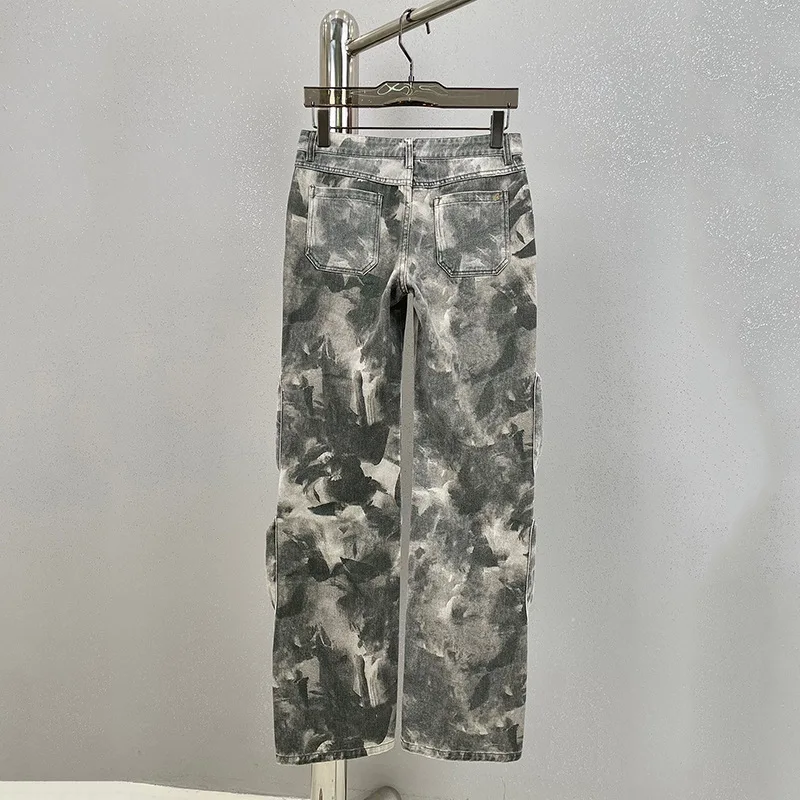 Camouflage Long Denim Pants Street Multi Pocket Straight Loose Hot Girl Casual Smoke Grey Trousers In Stock