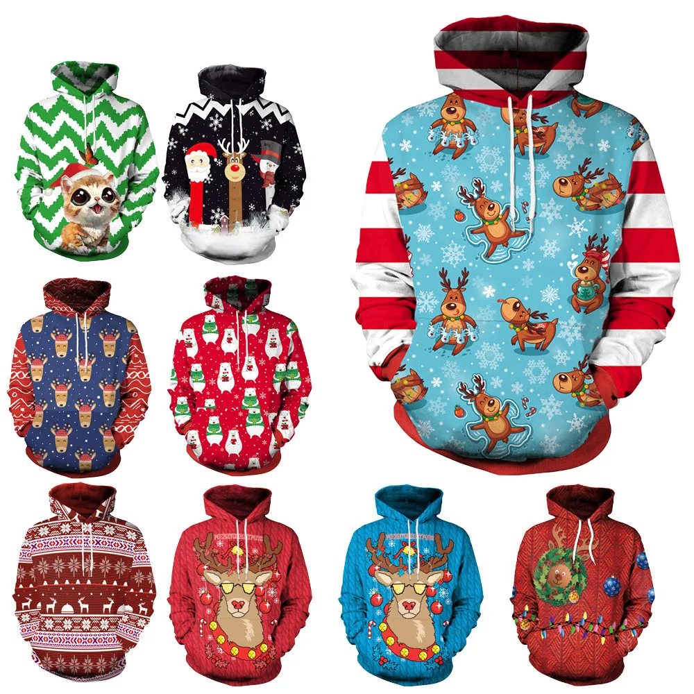 

Men Women Striped Bear Reindeer Ugly Christmas Sweater Funny Cute Cartoon Animal Christmas Jumper Pocket Hoodies Pullovers Tops