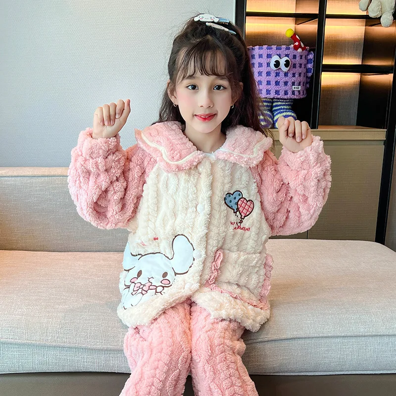 

Kawaii Anime Sanrios 2Pcs Melody Kuromi Cinnamoroll Kids Flannel Pajamaautumn Winter Girl Boys Warm Thicken Loungewear Homewear