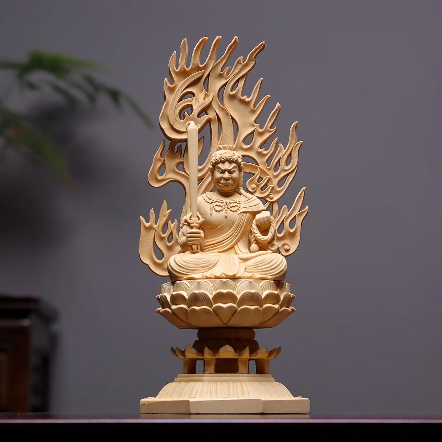 

Hinoki Cypress Wood Carved Fudo Myo-o Zodiac Rooster Guardian Deity Statue Year Protector Home Altar Decor Buddhist Birth Year