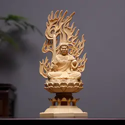Hand Carved Wooden Fudo Myoo Acalanatha Statue Figurine - Wrathful Deity Sculpture Ornament Home Altar Temple Buddhist Decor