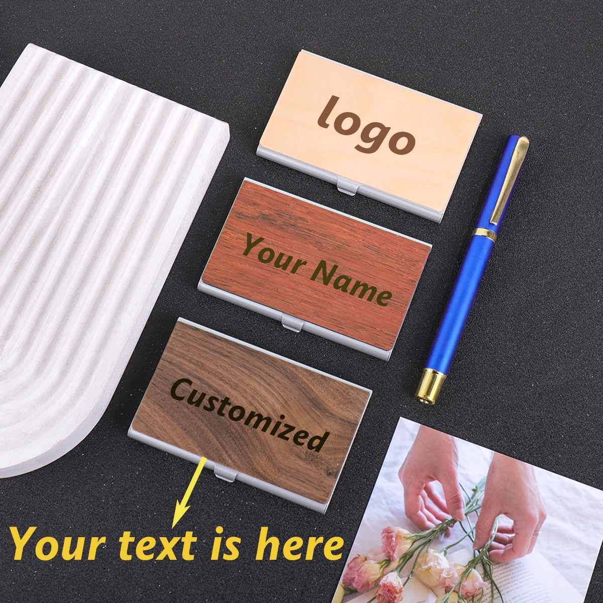 Custom Text Business Card Holder Personalized Name Business Card Case Wooden Cover Laser Engraving Customized Name Card Holder