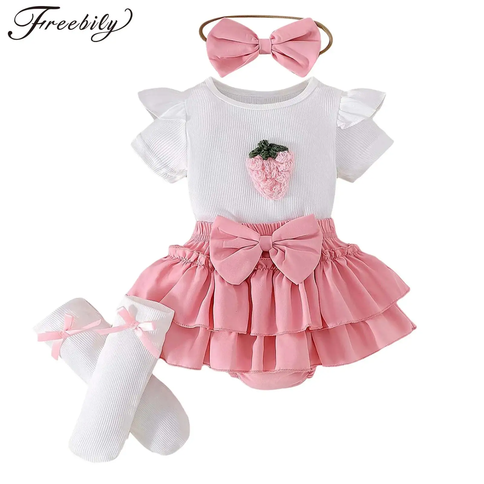 Infant Baby Girls Cute Summer Clothes Short Sleeve Romper with Bow Bloomers Skirt Shorts Sock Baby Shower Birthday Party Outfit
