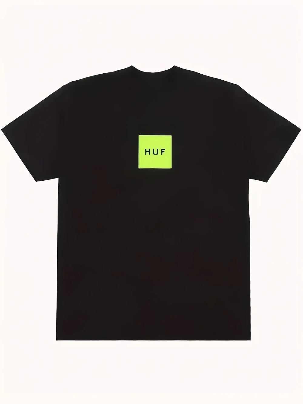 Men's Casual Graphic T-Shirt - Black with Neon Green HUF Letter Print, Loose Fit, Crew Neck, Suitable for All Seasons
