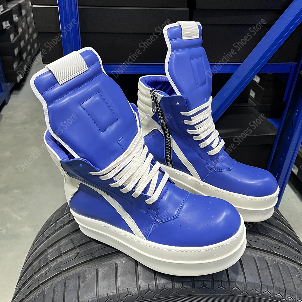 Zapatos de marca RO para hombre, zapatillas informales de cuero azul a la moda con doble fondo, zapatillas de deporte de suela gruesa con cremallera para mujer, zapatos con aumento de altura