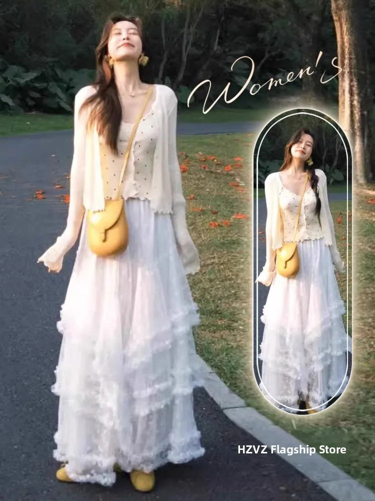 

Spring Large Size Women's Korean Style Three-Piece Set with Open Cardigan Camisole Halter Neck Dress Slimming Effect