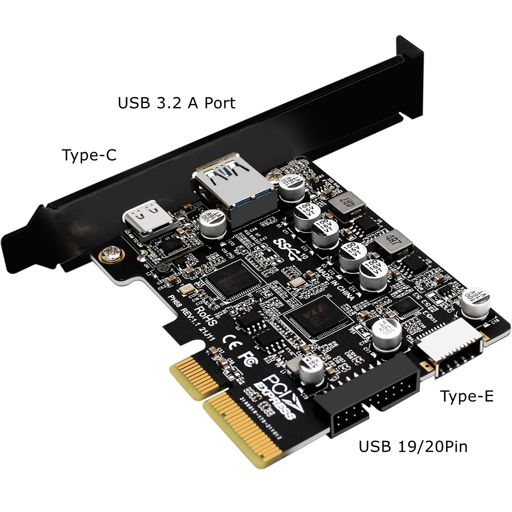 USB 3.2 PCI Express Card Adapter USB3.2 Type C 19Pin 20Pin Front Type-E PCI-e Controller USB3 Pcie X4 Converter Expansion Card