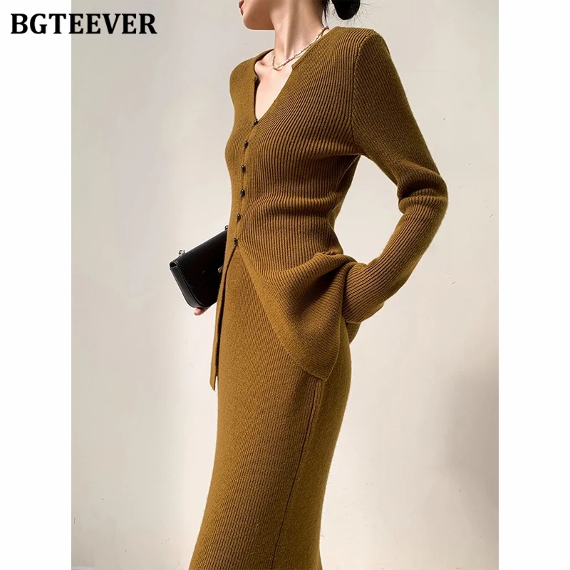 BGTEEVER Autumn Winter Vintage Slim Ladies Skirt Set V-neck Single-breasted Cardigans Sweaters Women Package Hip Skirts