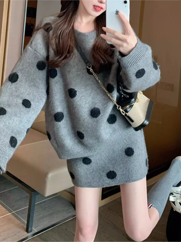 

2025 Polka Dots 2 Pieces Set For Woman Two Piece Outfits New In Matching Sets Knitted Long Sleeves Pullovers Skirts Sweet Casual