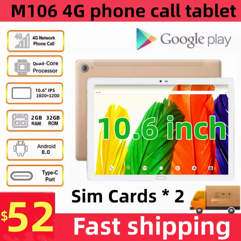 2025 New 10.6 Inch Android 8.0 4G Phone Call Tablet Dual Sim Cards HDMI Type-C MTK9797 Quad-Core CPU 2GB RAM 32GB ROM Tablets PC