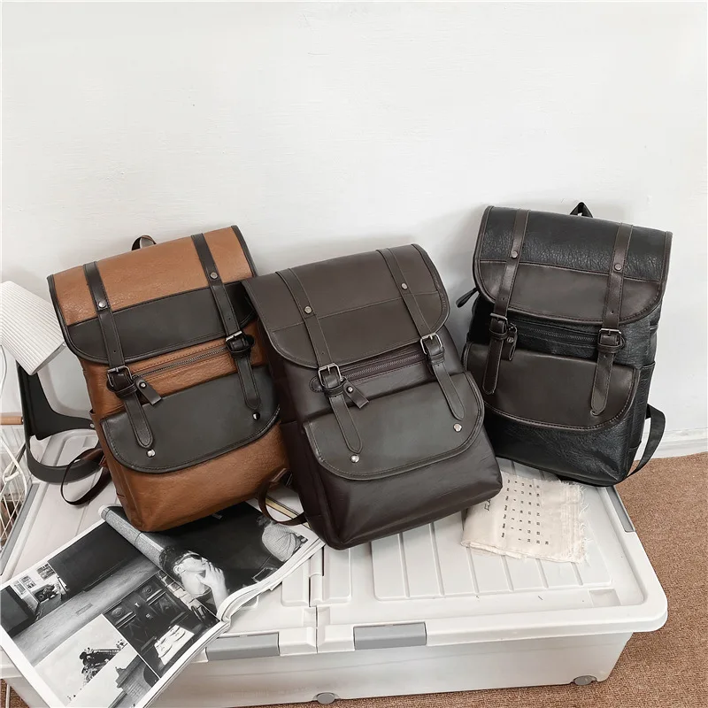 حقيبة مدرسية للطلاب من جلد البولي يوريثان الناعم للرجال، وتخزين الكمبيوتر، وحقيبة ظهر محمولة بقفل بغطاء قلاب بسعة كبيرة للسفر