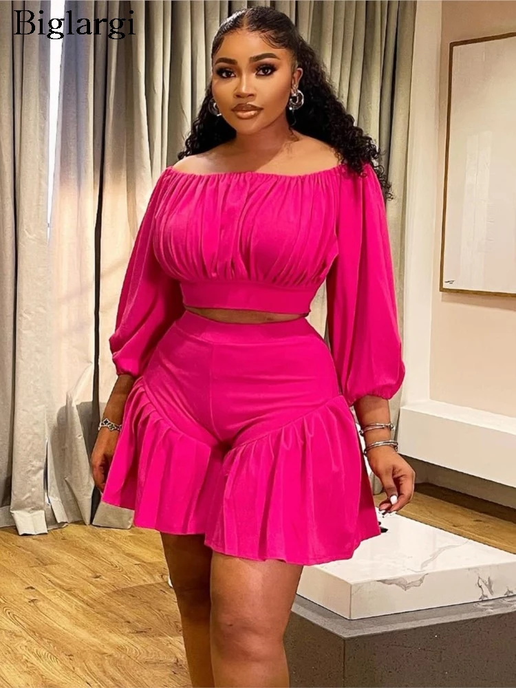 Plus Size Summer 2 Two Piece Set Women Off Shoulder Fashion Sexy Slim Ladies Cropped Blouses Ruffle Pleated Woman Mini Shorts