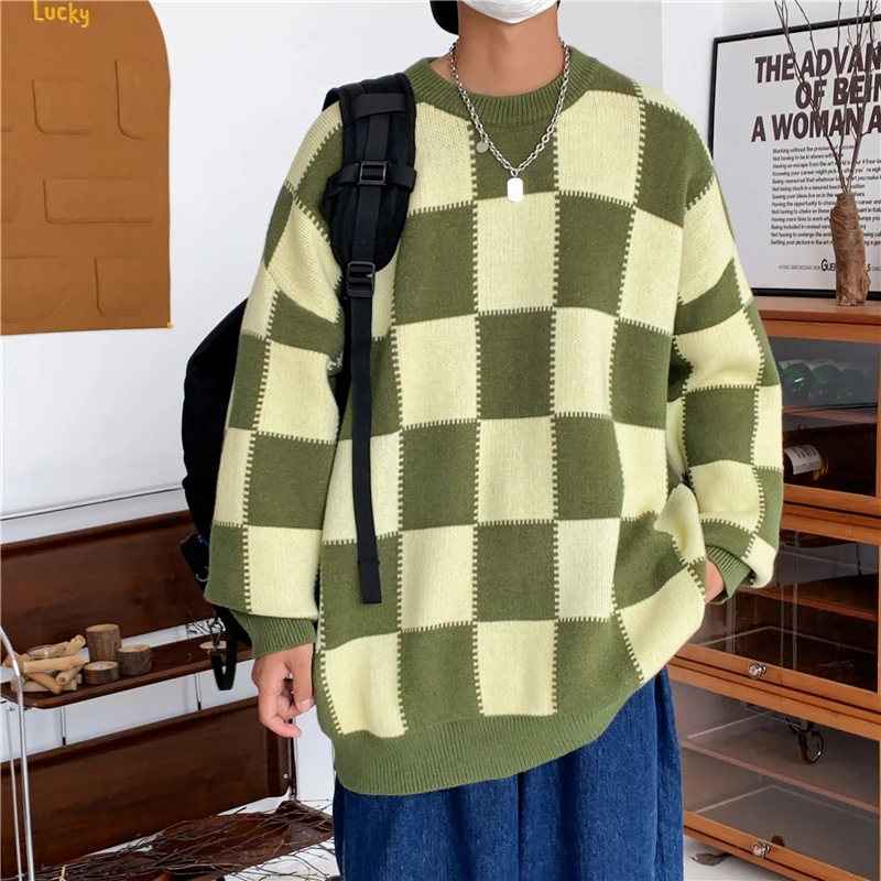 Plaid Pullovers Men Winter Sweater New Arrival Handsome Teens Students Preppy Stylish Knitting Streetwear Japanese Kpop O-neck