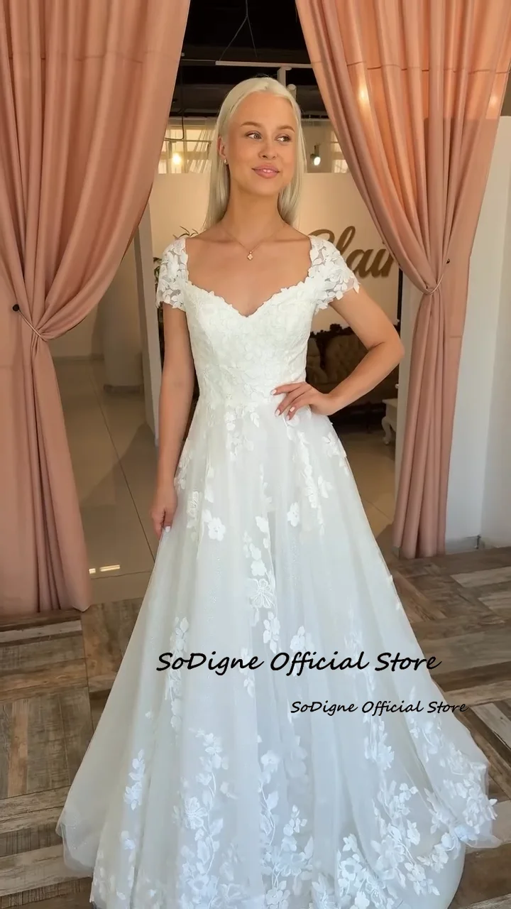 SoDigne A-line Tulle 2026 Wedding Dresses Short Sleeves Appliques Bridal Dress Long Bride Gown Vestidos De Novia Customized