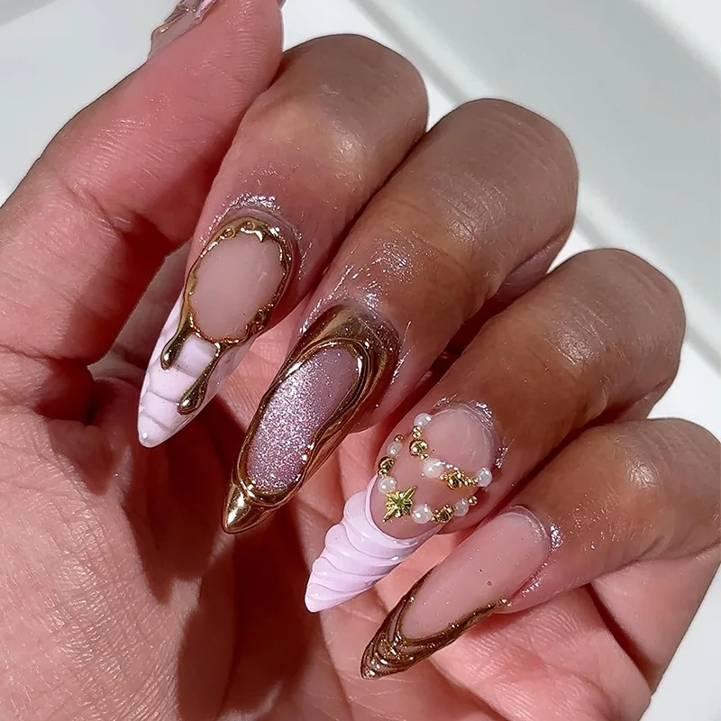 24Pcs French Blush Pink Designs Press on Nails Full Cover Flowers Acrylic Long Almond Fake Nails Reusable Fashion Nail Tips Art view 6