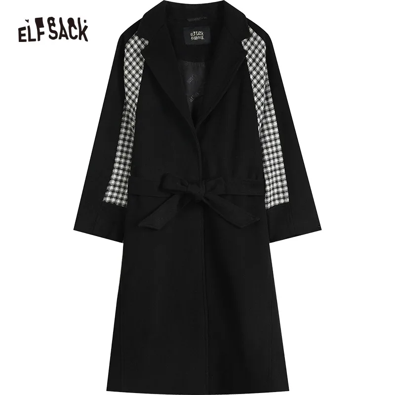 ELFSACK Black Spliced Wool Coats Women 2022 Winter Mid-length Outwears