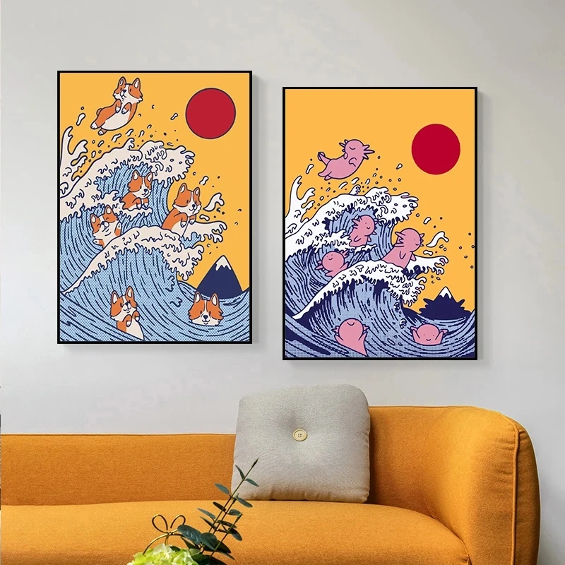 Japan Style Cartoon Animals The Wave of Corgi Axolotls Poster Canvas Painting Wall Art Pictures Home Kawaii Room Decor