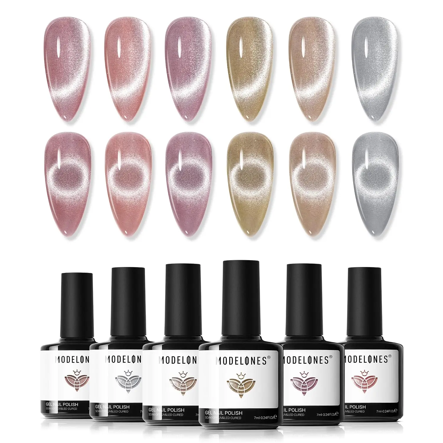 

modelones Gel Nail Polish Set, 6 Colors Nude Pink Silver 9D Glassy Cat Eye Glitter Gel Polish Neutral Brown Nail Polish