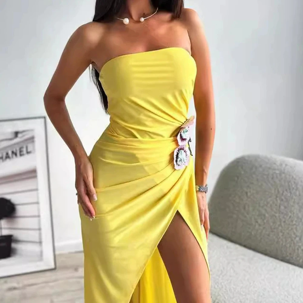 Letnia nowa żółta trójwymiarowa sukienka z haftowanymi kwiatami, długa sukienka bez ramiączek-GZXX366