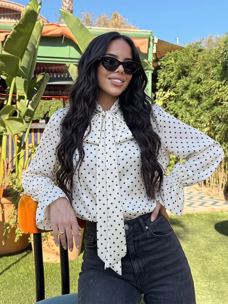 HH Elegant Polka Dot Satin Blouse Ladies Self Bow Tie Neck Flounce Flare Long Sleeve Shirt Business Office Smart Casual Wear