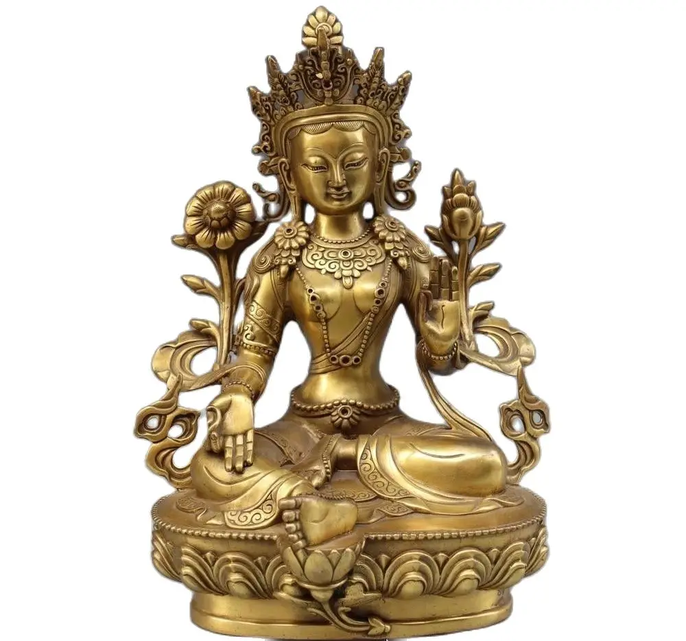 

29CM Tibet Buddhism Temple Brass Copper Green Tara Kwan-Yin Bodhisattva Buddha Statue